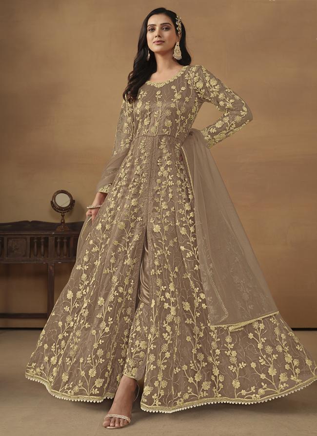 Net Beige Wedding Wear Embroidery Work Anarkali Suit